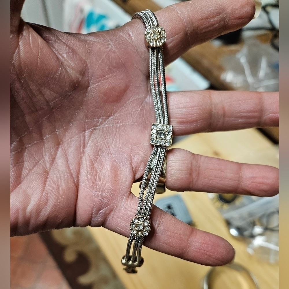 Vintage Dillard's Silver-tone 3-Strand Chain and Rhinestone Bracelet